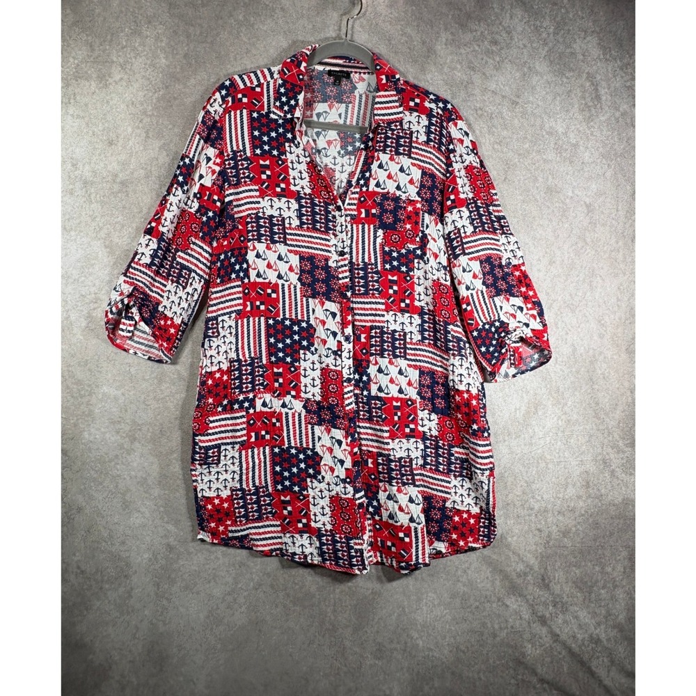 Talbots Button Down Shirt Womens M Red White Blue Nautical Patchwork Roll Tab